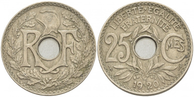 ФРАНЦИЯ 25 САНТИМОВ 1920 ТИП ЛИНДАЙЁ KM 867а, LE FRANC 171.4 медно-никель 4402-822