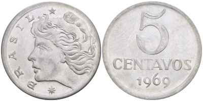 Бразилия 5 сентаво 1969  голова свободы влево KM 577.2, Schon 82a нержавеющая сталь 4529-354
