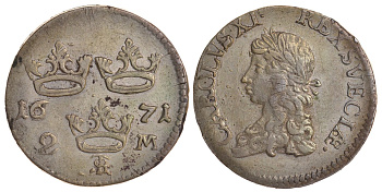 Швеция 2 марки 1671 TS, Карл XI (1660-1697) KM 242 серебро 00-816-52