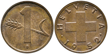 ШВЕЙЦАРИЯ 1 РАППЕН 1952 В KM 46 бронза 4528-614