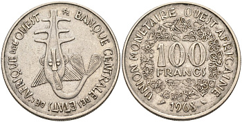 Валютный Союз стран Западной Африки 100 франков 1968 KM 4 никель 4575-1142