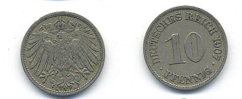 Германия 10 пфеннигов 1907 A KM 12, J. 13 медно-никель 58-253