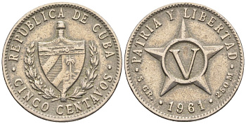Куба 5 сентаво 1961 KM 11.3, Y 5b, Schoen 5 медно-никель 4116-713