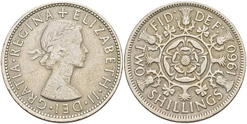 Великобритания 2 шиллинга (флорин) 1960 Елизавета II (1952-2022) KM 906, Spink 4146 медно-никель 4183-1231