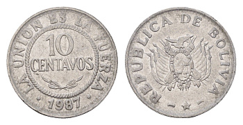 Боливия 10 сентаво 1987 KM 202 нержавеющая сталь 4643-663