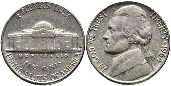 США 5 ЦЕНТОВ 1964 ДЖЕФФЕРСОН KM А192 медно-никель 3336-645