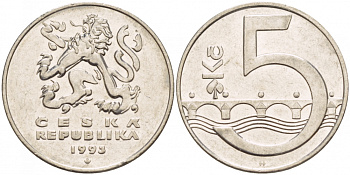 Чехия 5 крон 1993 чешский лев, Карлов мост KM 8 сталь плакированная никелем 4539-955