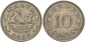 Мальта 10 центов 1972 баржа Великого магистра KM 11 медно-никель 82-346
