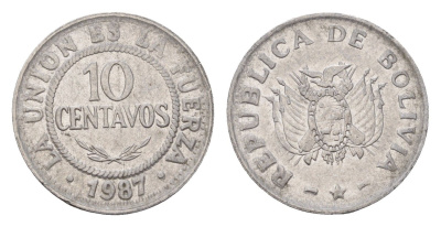 Боливия 10 сентаво 1987 KM 202 нержавеющая сталь 4643-663
