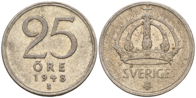 Швеция 25 эре 1948 TS, Густав V (1907-1950) KM 816 серебро 4147-1011