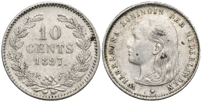 НИДЕРЛАНДЫ 10 ЦЕНТОВ 1897 ВИЛЬГЕЛЬМИНА I (1890-1948), ПРОБА 640 KM 116 серебро 4549-1039