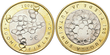 Финляндия 5 евро 2008 100 лет Финской академии наук и исследований KM 141 биметалл  UNC  650-523