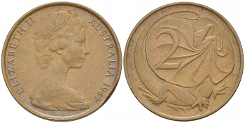АВСТРАЛИЯ 2 ЦЕНТА 1967 ЕЛИЗАВЕТА II, МОЛОДОЙ ПОРТРЕТ, ПЛАЩЕНОСНАЯ ЯЩЕРИЦА (FRILLED LIZARD) KM 63 бронза 4539-941