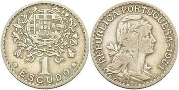 ПОРТУГАЛИЯ 1 ЭСКУДО 1961 ГОЛОВА СВОБОДЫ ВПРАВО KM 578 медно-никель 4517-434