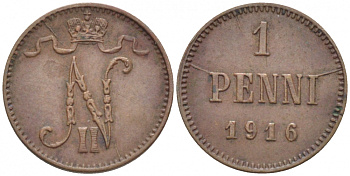РОССИЯ ДЛЯ ФИНЛЯНДИИ 1 ПЕННИ 1916 НИКОЛАЙ II (1895-1917) KM 13, Биткин 476 медь 211-1067
