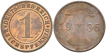 ГЕРМАНИЯ 1 РЕЙХСПФЕННИГ 1936 A KM 37, J. 313, Weege 2 бронза 206-853
