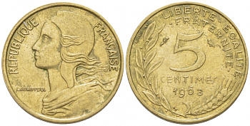 ФРАНЦИЯ 5 САНТИМОВ 1968 ТИП MARIANNE KM 933, LE FRANC 125.4 алюминиевая бронза 3309-643