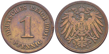 ГЕРМАНИЯ 1 ПФЕННИГ 1901 E KM 10, Jager. 10, Weege 2 медь 4528-1168