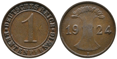Германия 1 рентенпфенниг 1924 F KM 30, J. 306 бронза 39-835