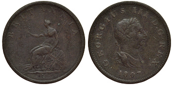 Великобритания 1/2 пенни 1807 Георг III (1760-1820) KM 662, Spink 3781 медь 4111-512