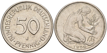 ФРГ 50 пфеннигов 1980 J KM 109, J. 384 медно-никель 4177-426