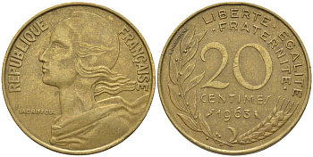 ФРАНЦИЯ 20 САНТИМОВ 1963 ТИП MARIANNE KM 930, LE FRANC 156.3 медь алюминий никель 175-816