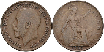 Великобритания 1 пенни 1920 Георг V (1910-1936) KM 810, Spink 4051 бронза 4117-1216