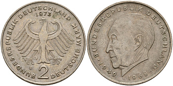 ФРГ 2 марки 1973 F, Конрад Аденауэр KM 124, J. 406 медно-никель 4159-1225