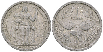 Французская Новая Каледония 1 франк 1949 птица кагу, (IEOM) KM 2, Schoen 2, Lec 36 алюминий    51-422