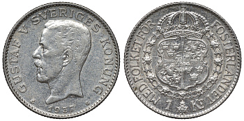 Швеция 1 крона 1937 G, Густав V (1907-1950) KM 786.2 серебро UNC 4116-716