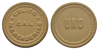 Чили, компании C.A.L. Colico N.D. шахтерский жетон с Селитряного рудника для покупки в местных магазинах, номиналом в 1 песо ND (1910-1920) диаметр 30,5 мм, вес 2,93 гр Rulau.Ant 3, не описан в Espinosa эбонит (охра) 1066-12-11