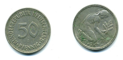 ФРГ 50 ПФЕННИГОВ 1950 J KM 109.1, J. 384 медно-никель 25-1834