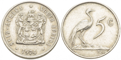 ЮАР 5 центов 1974 герб, райский журавль KM 84 никель 105-1025