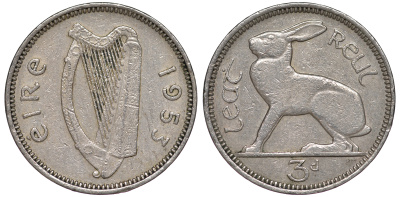 ИРЛАНДИЯ 3 ПЕНСА 1953 ЗАЯЦ KM 12a медно-никель 3334-1215