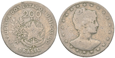 Бразилия 200 реалов 1901 MCMI, голова свободы вправо KM 504 медно-никель 4612-223