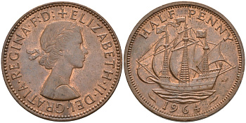 Великобритания 1/2 пенни 1964 Елизавета II (1952-2022) KM 896, Spink 4158 бронза 4561-943