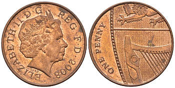 Великобритания 1 пенни 2008 Елизавета II (1952-2022) KM 1107, Spink B6 сталь плакированная медью 4609-648