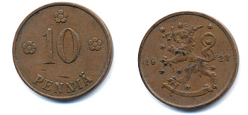 Финляндия 10 пенни 1928 республика (1918-1962) KM 24 медь 46-1623