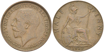 Великобритания 1/2 пенни 1922 Георг V (1910-1936) KM 809, Spink 4056 бронза 4519-1136