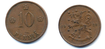 Финляндия 10 пенни 1928 республика (1918-1962) KM 24 медь 46-1623