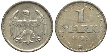 ГЕРМАНИЯ 1 МАРКА 1925 D, каталог МТ 40 евро J. 311, KM 42 серебро 1525-324