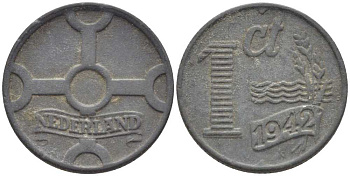 НИДЕРЛАНДЫ 1 ЦЕНТ 1942 ВИЛЬГЕЛЬМИНА (1890-1948) KM 170 цинк 206-1241