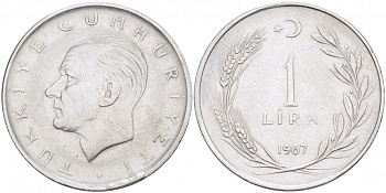 Турция 1 лира 1967 Мустафа Кемаль Ататюрк KM 889а.2 нержавеющая сталь 213-137