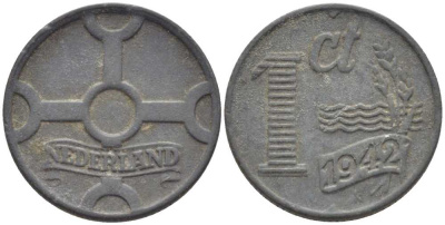 НИДЕРЛАНДЫ 1 ЦЕНТ 1942 ВИЛЬГЕЛЬМИНА (1890-1948) KM 170 цинк 206-1241