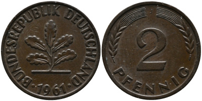 ФРГ 2 пфеннига 1967 J KM 106, J.381 бронза 99-149