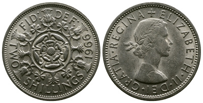 Великобритания 2 шиллинга (флорин) 1966 Елизавета II (1952-2022) KM 906, Spink 4146 медно-никель 4382-621