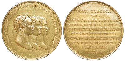 Россия медаль 1813 Союз трех монархов (в память Рейхенбахских конвенций), 46,6 мм, 34,72 гр, заделанное отверстие Дьяков 365.1 R3 золото 10-009-02