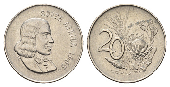 ЮАР 20 центов 1965 Ян ван Рибек (1619-1677), South Africa, легенда на английском, цветок протея KM 69.1 никель 4693-635
