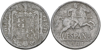 Испания 10 сентимо 1941 Франсиско Франко (1939-1975) KM 766 алюминий 4604-516