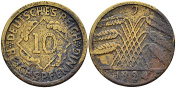 Германия 10 рейхспфеннигов 1924 J KM 40, J. 317, Weege 9 алюминиевая бронза 4401-421